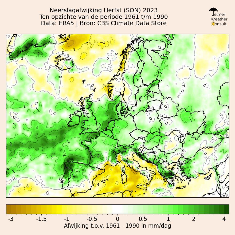 Kaart met Europese neerslagafwijkingen in de herfst van 2023